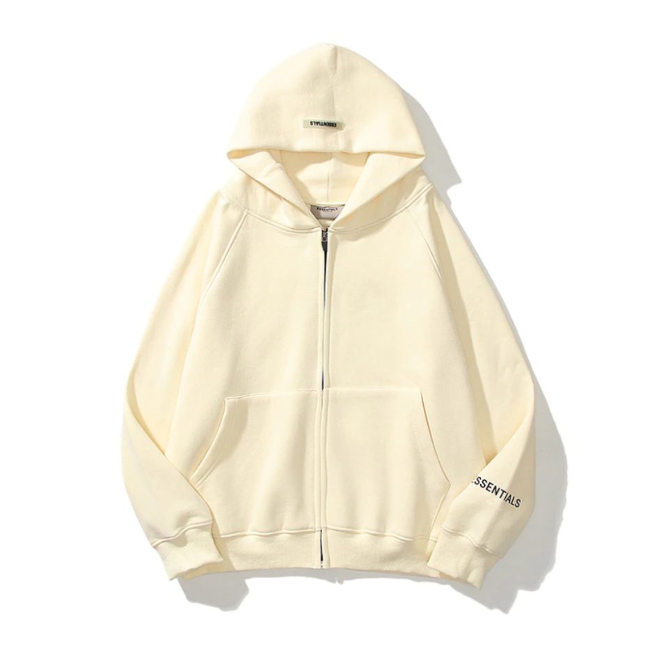 Essentials Reflective Prints Zip-up Oversized Cream Hoodie